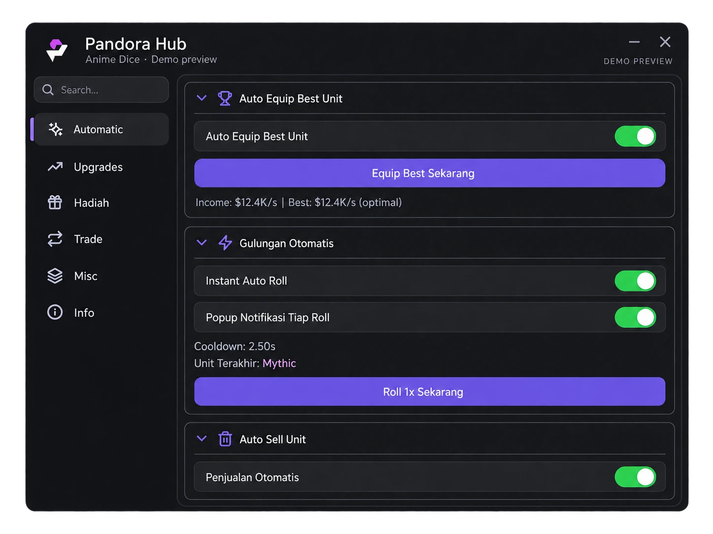 Illustrative PandoraHub Script UI demo in Anime Dice, with sample values
